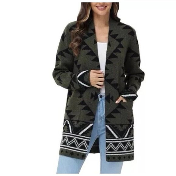 NWOT Frye Women's L Aztec Pattern Cardigan Sweater Polyester Spandex Open front - Picture 1 of 10